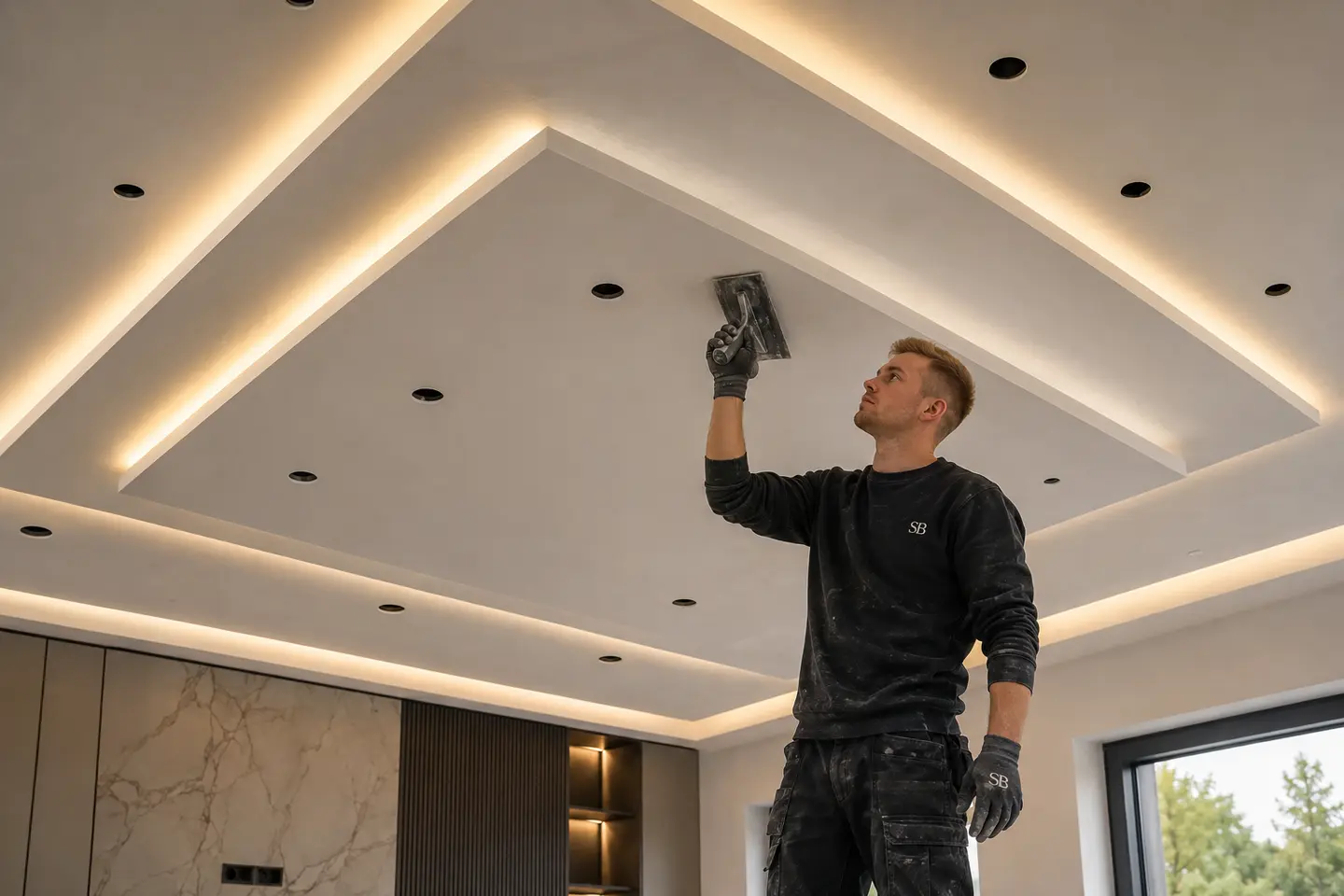 Окачен таван от гипсокартон с LED осветление и отвори за лунички
